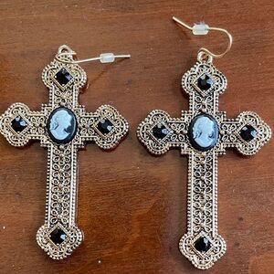 Gold-Tone Black Cameo Cross Earrings